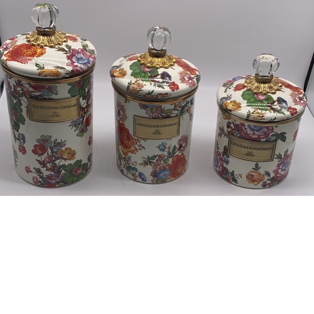 Lot of 3 MacKenzie-Childs White Multicolor Flower Print Market Canisters